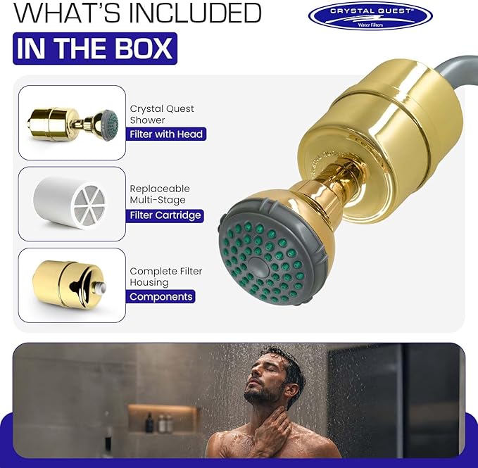 Crystal Quest Shower Filter with Head, Shower Head Filter for Hard Water, Shower Water Filter Removes Chlorine, chloramines & VOCs, Filter Shower Head, Improves Skin & Hair, Long-Lasting - Gold
