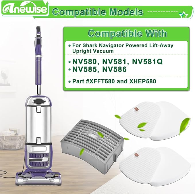 Anewise 1+2 Filter Replacement for Shark Navigator NV586 NV581 NV581Q NV580 NV585 Powered Lift-Away DLX Upright Vacuum, 1 HEPA and 2 Foam Felt Filters, Part # XFFT580 & XHEP580