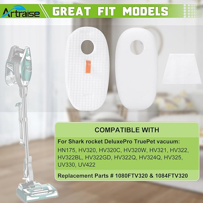 Artraise Filter Replacement for Shark Rocket DeluxePro TruePet Vacuum HV319Q, HV320, HV320W, HV320C, HV321, HV322, HV322Q HV325, HV324Q, UV330, UV422, UV425CCO, Parts # 1080FTV320 & 1084FTV320