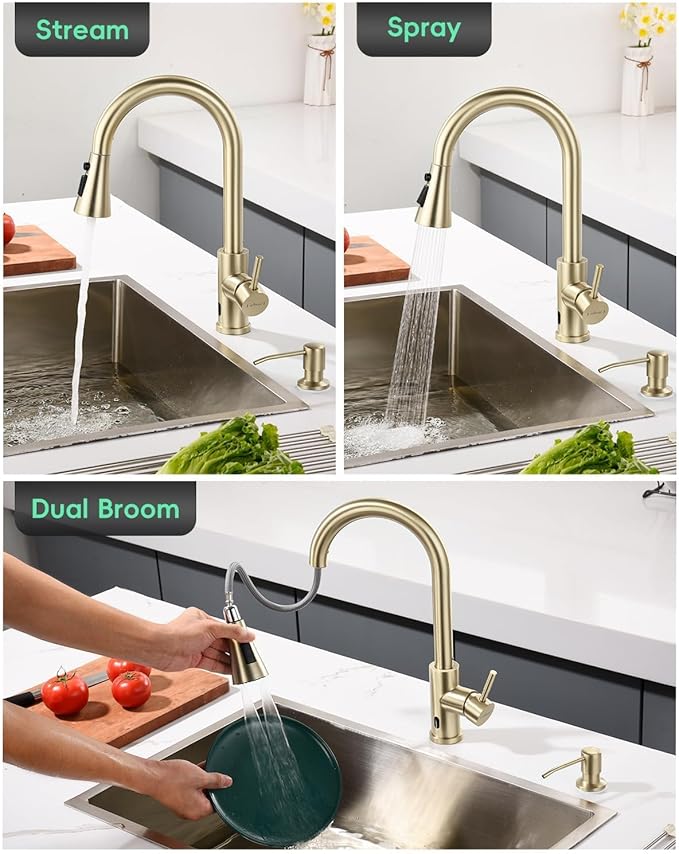 APPASO Gold Kitchen Faucet Touchless, CUPC-Certified Hoses, Lead-Free Motion Sensor Sink Faucets with Soap Dispenser and Pull Down Sprayer, Hands Free Faucets for 1 to 4 Holes Sink with Deck Plate