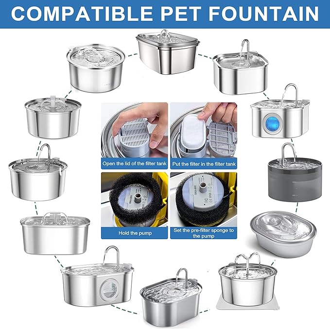 Cat Water Fountain Replacement Filters - 28 Pack Triple Action With Carbon Filter and Pre-Filter Sponges (14 Filters & 14 Sponges) for Pet Water Fountains