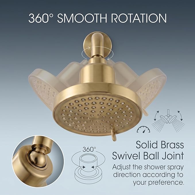 Brushed Gold 360 Degree Rotated Shower Head ＆ Filter COMBO ! Anti - Chlorine Hard Water Filtered Shower Heads - 7 Sprays High Pressure 6" Showerheads with 25 Stage Filtration for Adult and Children
