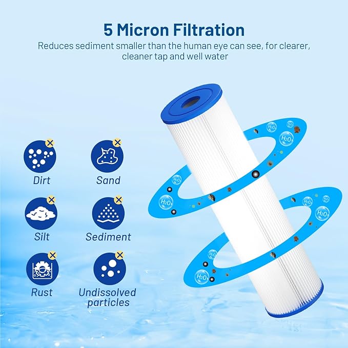 Whole House 5 Micron 10" x 2.5" Pleated Sediment Well Water Filter Cartridge Replacement for ECP5-10, SPC-25-1005, W5CP, FM-5-975, WPC5-975, PWPL10M5, 801-5, SPF-25-1005, PS-27097-05 (Pack of 6)