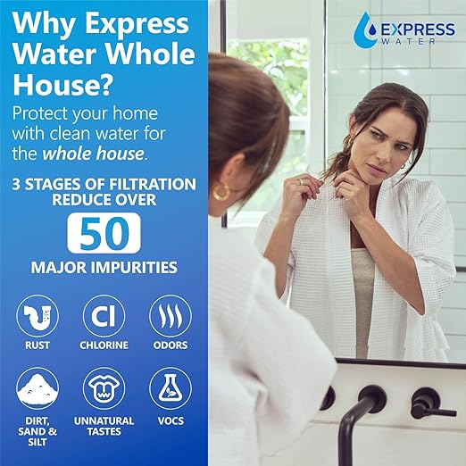 Express Water Whole House Water Filter System, 3 Stage Whole Home Filter Reduces Chlorine, Chloramine and More for Healthier Skin, Includes Free-Standing Stainless Steel Frame & 3 Pressure Gauges