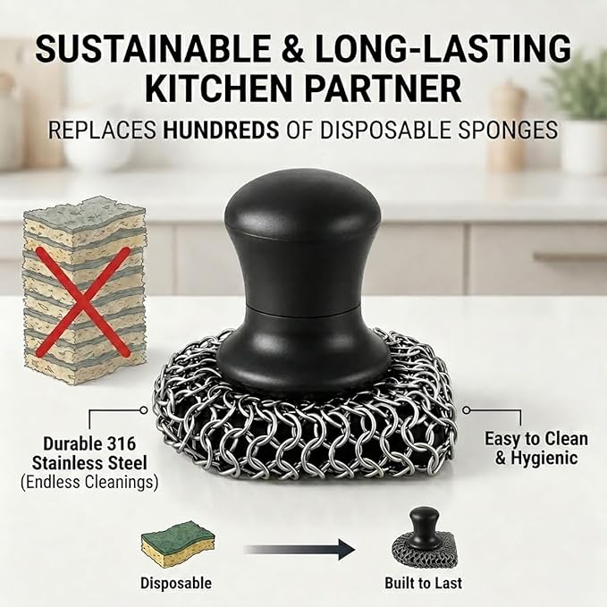 Cast Iron Scrubber and Scraper | 316 Chainmail Scrubber for Cast Iron Pan Skillet Cleaner | Chain Mail Scrubber for Dishes Pots Wok Griddle Grill | Dish Scouring Pad Dishwasher Safe, Black 01