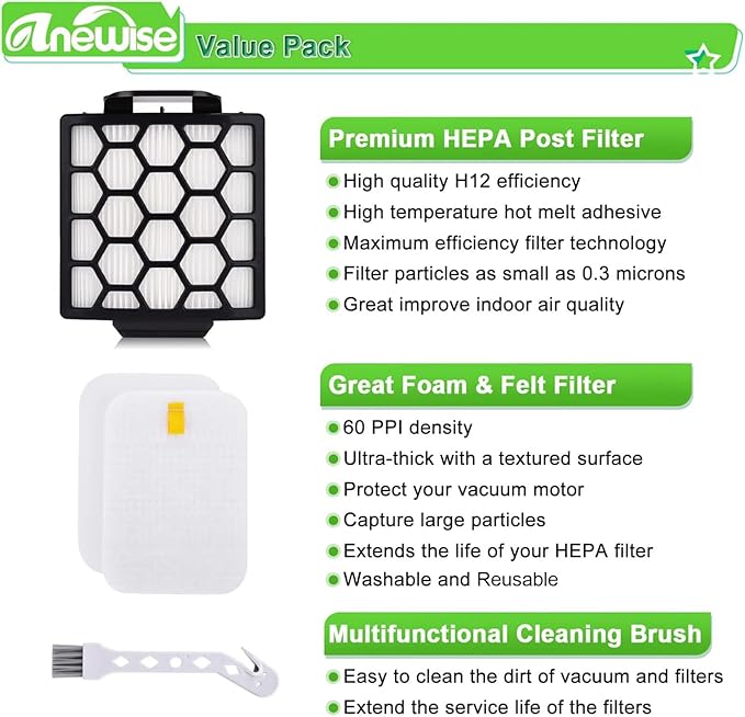 Anewise Replacement Filter for Shark Navigator Zero-M Pet Pro ZU102 ZU60 ZU62 ZU55 NV181 NV150 NV151 NV251 Rotator NV255 ZU100 ZU81 Upright Vacuum, 2+6 Foam Felt Filter, Part #1238FT60 & 1239FT60