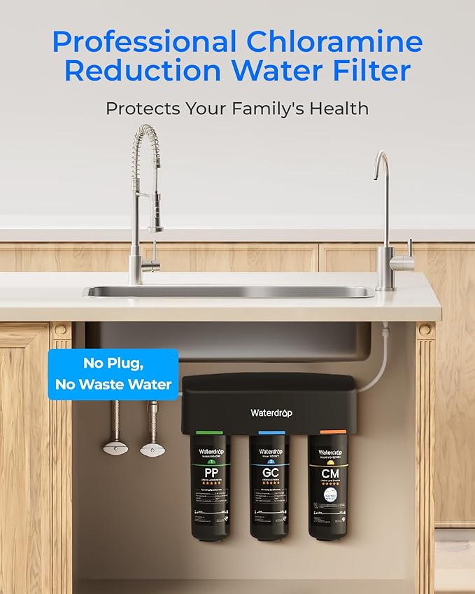 Waterdrop TSB-10-CM Under Sink Water Filter System Reduce Chloramine, Chlorine for CA, FL and Washington, D.C., Under Sink Water Filtration System with Brushed Nickel Faucet,NSF/ANSI 42 Certified
