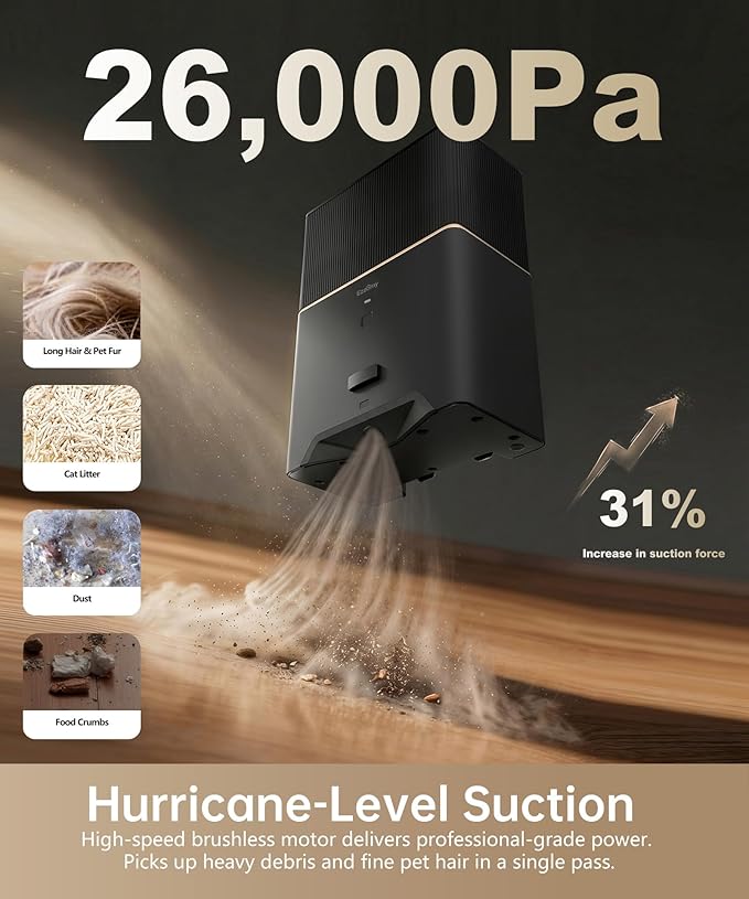 Touchless Vacuum Automatic Dustpan, Bagged Design with Replaceable Dust Bags, Up to 3-Month No Cleaning, 26,000Pa Powerful Suction, One-Touch Auto & Manual Mode for Pet Hair Kitchen & Salon