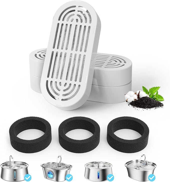 Cat Water Fountain Filter Pet Drinking Fountain Filter for 3.2L/108oz Cat Drinking Fountain and 4L/134oz Stainless Steel Pet Water Fountain (3 Filters & 3 Pre-Filter Sponges)