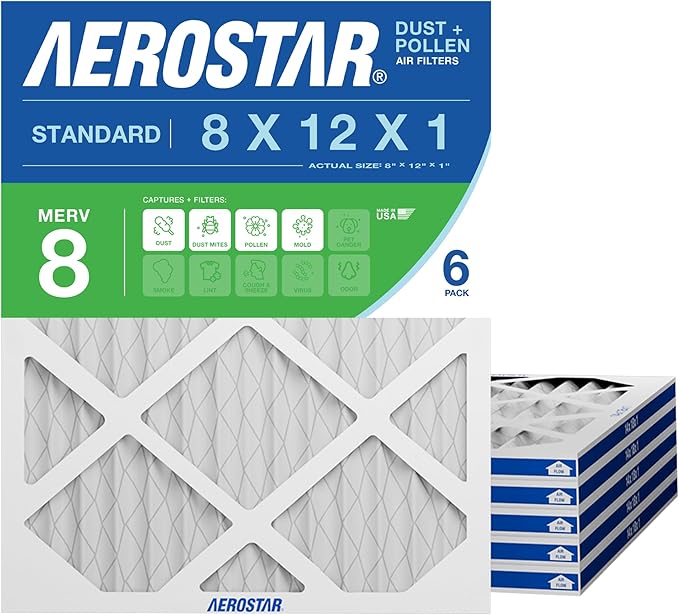 Aerostar 8x12x1 MERV 8 Pleated Air Filter, 6 Pack, AC Furnace Filters, HVAC Filter, Air Conditioner Filters, Heater Filters Replacement for Home (Actual Size: 8x12x1)