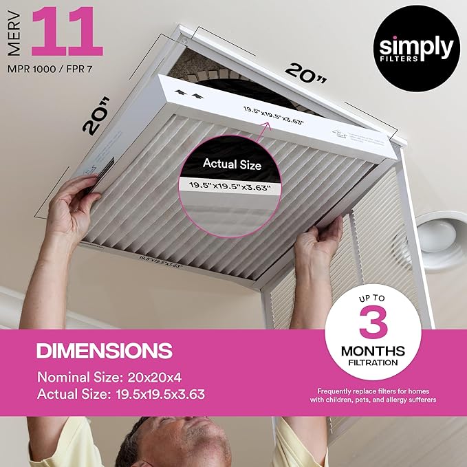 Simply 20x20x4 Air Filter, MERV 11, 2 Pack, Furnace Air Filter for HVAC (Actual Size:19.5"x19.5"x3.63") DUST, Pet, & Allergy Control