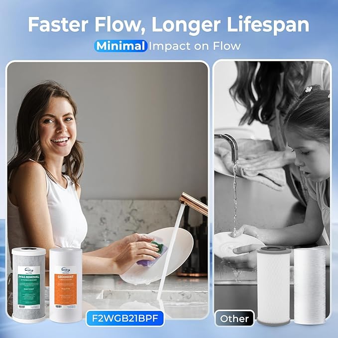 iSpring F2WGB21BPF 2-Stage Whole House Water Filter Replacement Set for WGB21B-PF，Reduces up to 99% PFAS (PFOA/PFOS), 10” x 4.5” Filters, 1" Inlet/Outlet