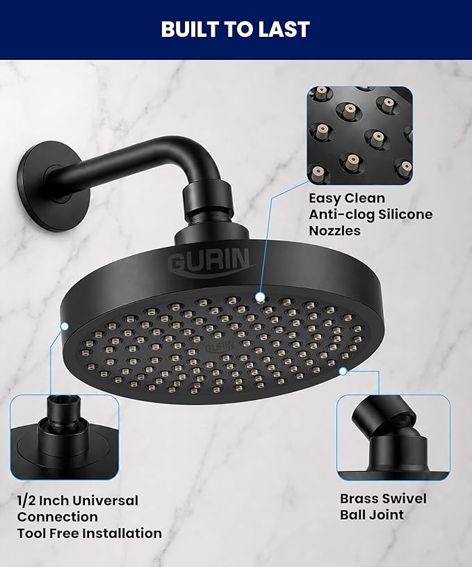 GURIN Shower Head - Powerful High Pressure Rain Shower Head 6 Inch - Luxury Rainfall Showerhead with Adjustable Angles, 90 Anti-Clog Nozzles, Tool-Free 1-Min Install, Premium Matte Black Finish