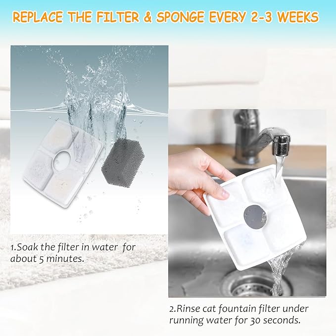8 Pack Replacement Filters & 8 Pack Pre-Filter Sponges for Veken 84 oz / 2.5L Automatic Pet Water Fountain, Triple Filtration Cat Fountain Replacement Filter