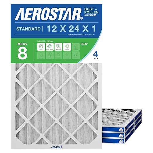 Aerostar 12x24x1 MERV 8 Air Filter, 4 Count, ACTUAL SIZE (11.75 x 23.75 x 0.75), HVAC, Air Conditioning & Furnace Filter Captures Dust, Lint & Pollen (MPR 600 / FPR 5), Made in USA