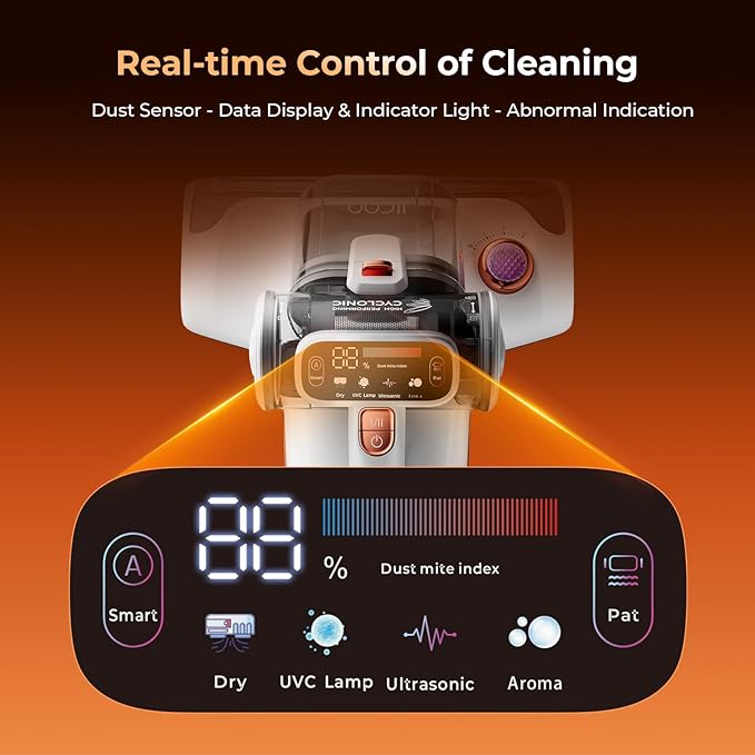JIGOO T600 Mattress Vacuum Cleaner with UV-C Light, 15Kpa Suction 700W Powerful Double-Cup Handheld Vacuums, Bed Cleaner with Smart Dust Sensor, Ultrasonic, Heating Tech, MIF Filter