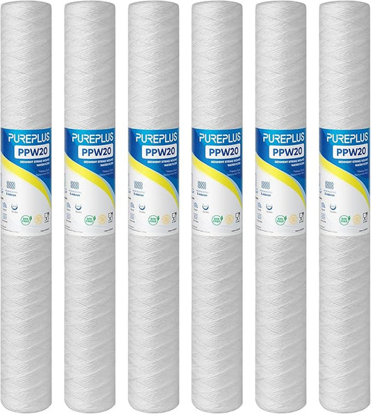 PUREPLUS 5 Micron 2.5" x 20" Whole House String Wound Sediment Filter for Well Water, Replacement Cartridge for Aqua Pure AP110-2C, Pentek P1-20/SP-P1-20/PX01-20, WPP-F20-5, 6Pack