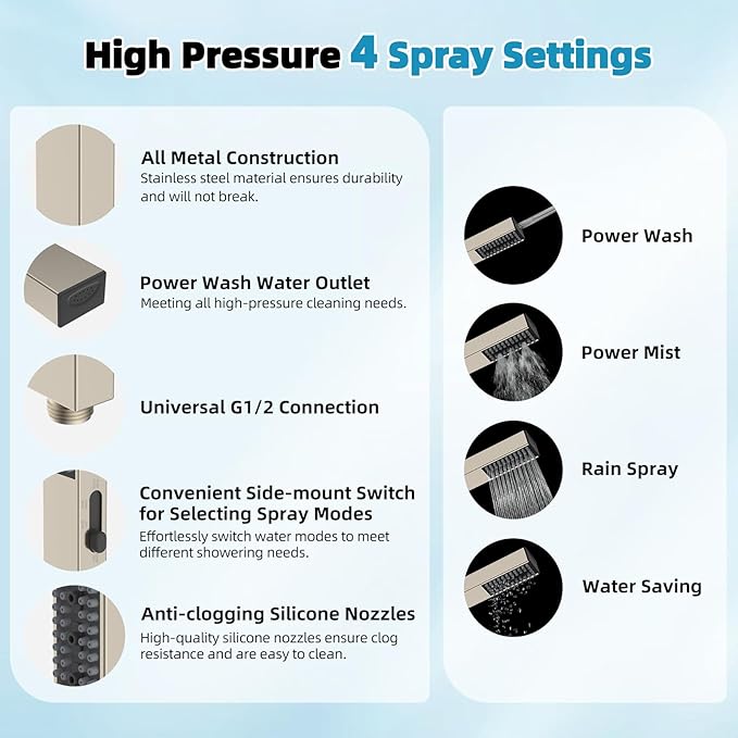 Hibbent cUPC Certified High Pressure 10'' Rainfall Shower Head, Showerhead Combo with 4-mode Handheld Spray, 12'' Adjustable Extension Arm, Extension Bar, Easy Reach Holder, 71'' Hose, Brushed Nickel