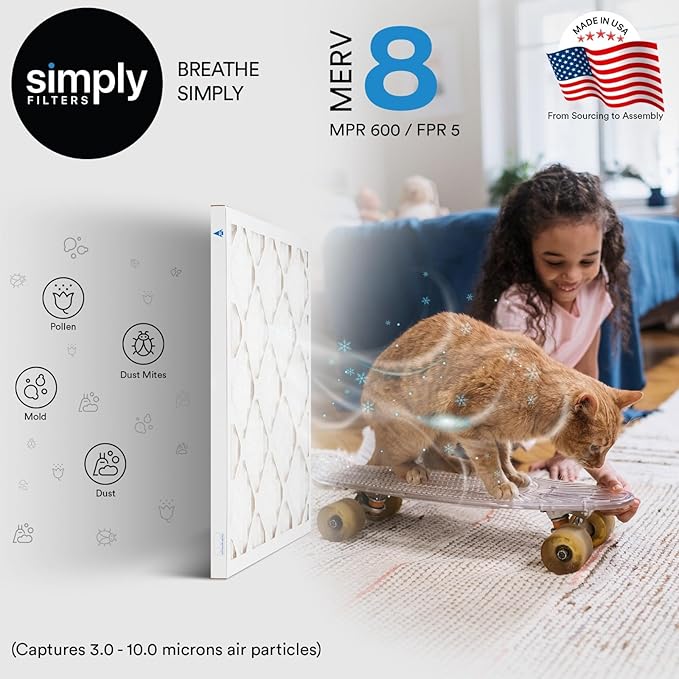 Simply 25x25x1 Air Filter, Merv 8, 4 Pack, For Home AC Furnace & HVAC (Actual Size: 24.75"x24.75"x0.75") DUST, Pet, & Allergy Control