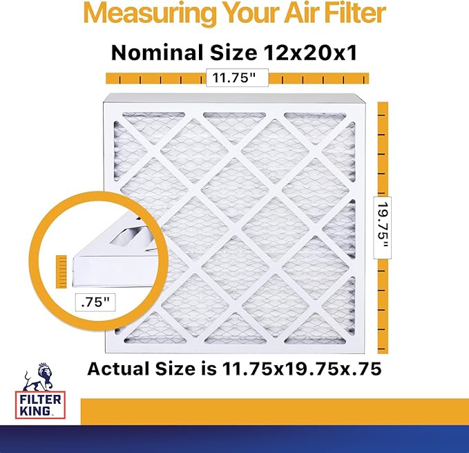 Filter King 12x20x1 Air Filter (MERV 13) (6-Pack) Dust & Allergy Control AC Furnace Filters, MADE IN USA, HVAC, Pleated, Electrostatic (Actual Size: 11.75 x 19.75 x .75)