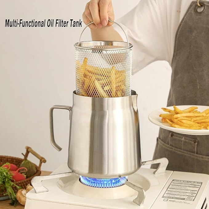 68oz 304 Stainless Steel Deep Fryer Pot with Basket & Strainer, Large Capacity Bacon Grease Container for Kitchen,Frying, Cooking, Camping,Oil Filter Container - Dishwasher Safe (68oz/2L/2.1Qt)