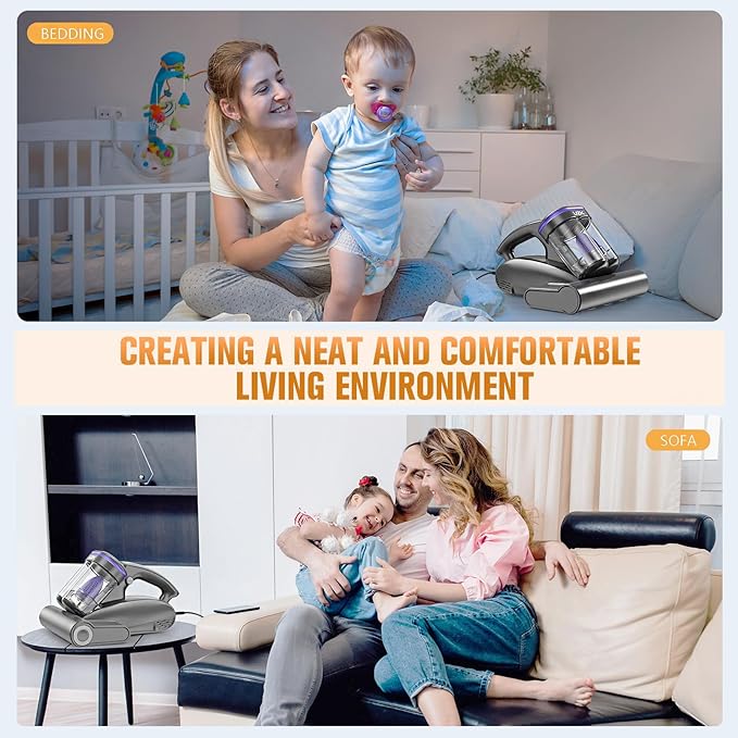 Bed Vacuum Cleaner Mattress Vacuum Cleaner,16Kpa Powerful Handheld Vacuums with UV-C Light & Double Dust Cup & High Heating & Ultrasonic & HEPA Filter for Bed Sofa(Corded,Purple)