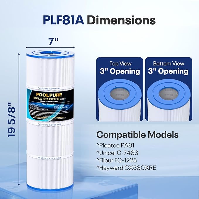 POOLPURE CX580XRE Pool Filter Replaces Hayward C580E, PA81-PAK4, Ultral-A3, Unicel C-7483, Hayward SwimClear C3020, C3025, C3030, Filbur FC-1225, FC-6425,4 X 81 sq. ft.Cartridge,L x OD: 19 5/8"x 7"
