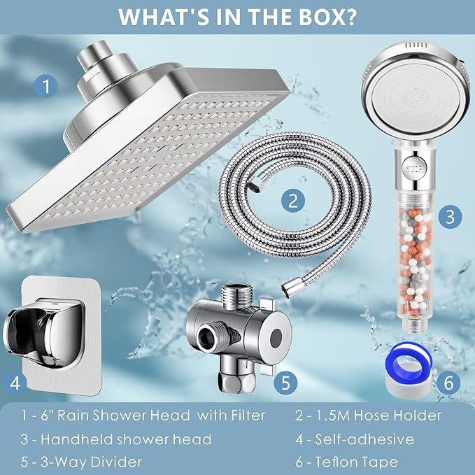 Filtered Shower Head with Handheld Combo, High Pressure Rain Showerhead Filter for Remove Chlorine and Harmful Substances, with Self-adhesive Holder/59" Hose, Chrome