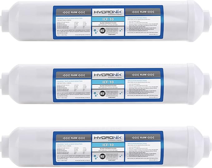 Hydronix ICF-10 Inline Post Activated Carbon Water Filter Replacement Cartridge with 1/4-Inch NPT for Refrigerator, Ice Maker, RO Reverse Osmosis System, 2000 Gallons - 1 Year Capacity (3 Pack)