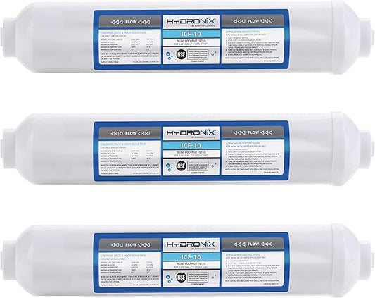 Hydronix ICF-10 Inline Post Activated Carbon Water Filter Replacement Cartridge with 1/4-Inch NPT for Refrigerator, Ice Maker, RO Reverse Osmosis System, 2000 Gallons - 1 Year Capacity (3 Pack)