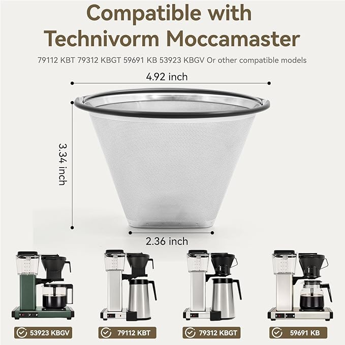 Coffee Filter for Technivorm Moccamaster 79112 KBT / 53923 KBGV / 59691 KB / 79312 KBGT, Stainless Steel Conical Reusable Filter