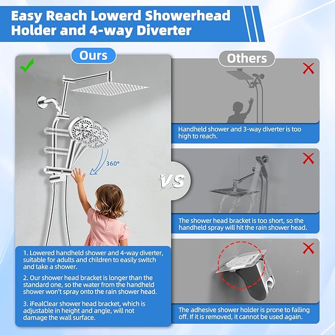 12" All-Metal High-Pressure Rain Shower Head with Handheld - 10-Spray Power Wash with Filter Element, Easy Reach 4-Way Diverter and Adjustable Holder, Flexible 16" Extension Arm and 71" Hose, Chrome