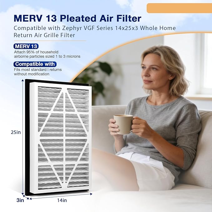 2Pack 14''x25''x3'' MERV13 air Filter Pleated Whole House Return Grille Filter Replacements are perfectly compatible with the Zephyr VGF Series 14x25x3 Whole House Return Grille Filter