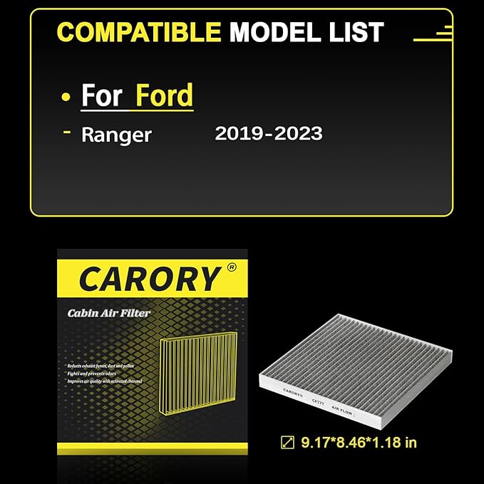 CARORY Cabin Air Filter w/Activated Carbon for Ford Ranger 2019 2020 2021 2022 2023 .KB3Z19N619A, CF12776, FP-88