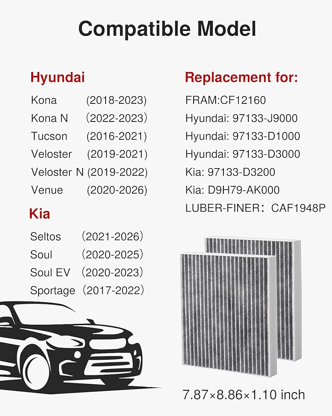 Puroma Cabin Air Filter with Activated Carbon, Compatible with CF12160, CAF1948P, Hyundai Kona 18-23, Tucson 16-21, Veloster 19-21, Venue 20-24, KIA Seltos 21-24, Soul 20-24, Sportage 17-22