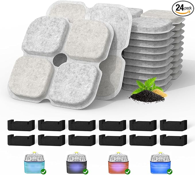 Cat Pet Water Fountain Filters, 12 Pack Replacement Filters Fit for 101oz/3L Crystal Cat Fountain, Triple Filtration System (12 Filters+12 Sponges)