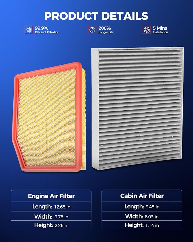 KAX Engine & Cabin Air Filter Kit, Replacement for Chevrolet Silverado 1500, Silverado 1500 LTD, Tahoe, Suburban, GMC Sierra 1500 Limited, Yukon XL, Cadillac Escalade/ESV, Replace# CA12404 CF11966