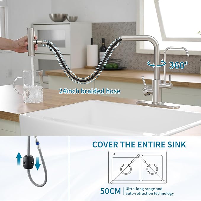 Kitchen Faucets with Water Filter and Pull Down Sprayer,Waterfall Kitchen Sink Faucet,Two Handle Sink Faucet with Pull Down Sprayer for 3 Function,Without Water Filtration Device,Brushed