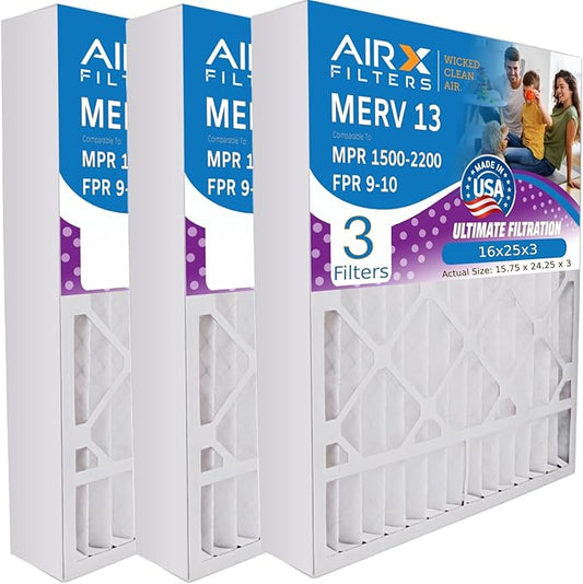 AIRX FILTERS WICKED CLEAN AIR. 16x25x3 Air Filter MERV 13 Compatible with Air Bear 255649-101 Furnace Filter 3 Pack
