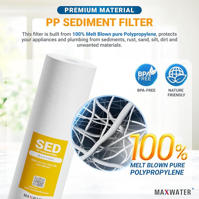 Max Water 5 Micron 20 x 4.5 Sediment Filter 20 inch Whole House BB Water Filtration System Replacement Cartridge Compatible with DGD-5005-20, FP25B, AP810-6, FPMB5-20, P5-20, 155358-43, SDC-45-2005