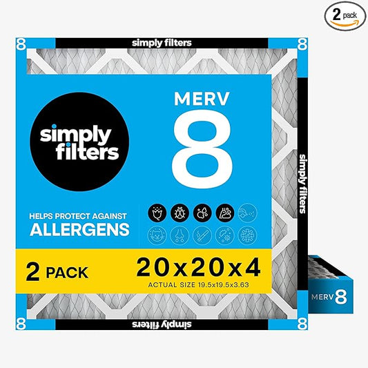 Simply 20x20x4 Air Filter, MERV 8, 2 Pack, Furnace Air Filter for HVAC (Actual Size:19.5"x19.5"x3.63") DUST, Pet, & Allergy Control
