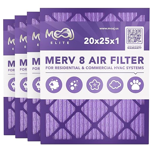 20x25x1 Air Filter (4-PACK) | MERV 8 | MOAJ Elite Dust Defense | BASED IN USA | Quality Pleated Replacement Air Filters for AC & Furnace Applications | Actual Dimensions: 19.70" x 24.70" x 0.75"