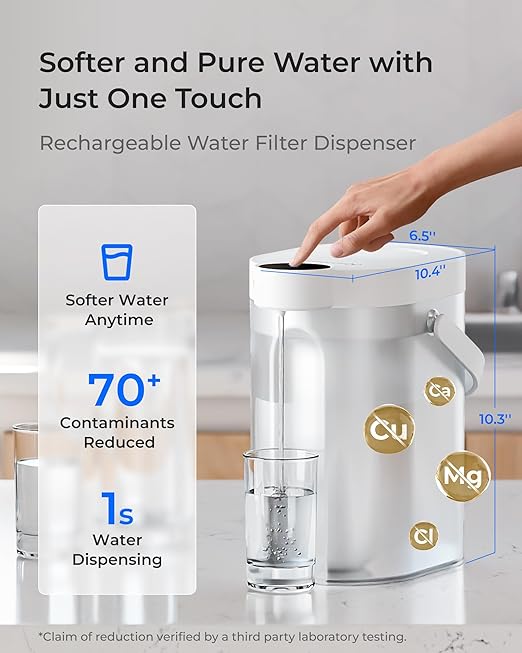Waterdrop ED11W Rechargeable Water Filter Dispenser, 5-Stage Long-Life Instant Electric Powerful Pitcher, Reduce 70+ Contaminants, Soften Water, 15-Cup Portable Countertop System, Does not Lower TDS