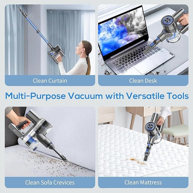 MBTTODF Cordless Vacuum Cleaner, Stick Vacuum Cordless Rechargeable with Power Suction, Up to 40-Min Runtime, Lightweight Vacuum Cleaners for Home, Hardwood Floor,Pet Hair,Carpets,Tile(Blue)