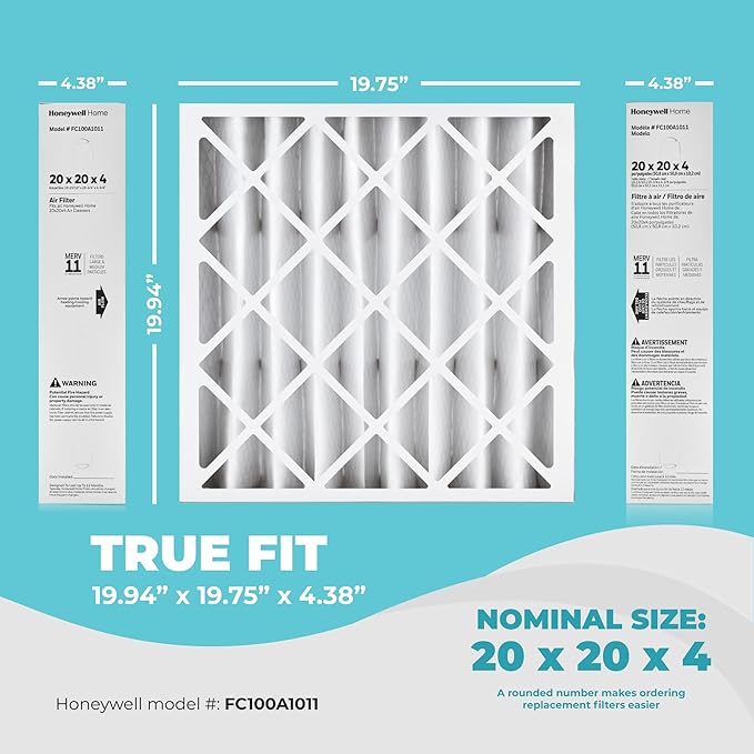 20x20x4 Air Filter Replacement MERV 11, FC100A1011 Pleated HVAC AC Furnace Filters with Wholesalehome Cleaning Cloth, (Actual Size: 19.94 x 19.75 x 4.38 Inches)