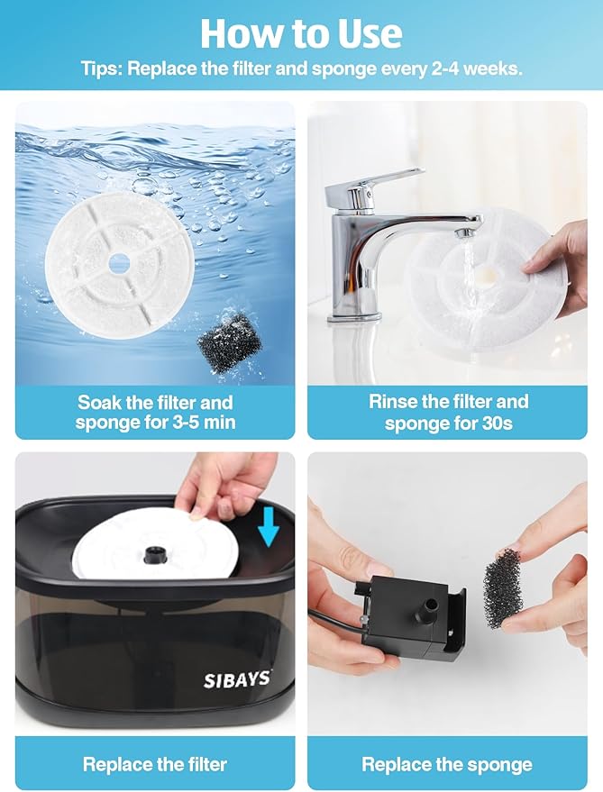 SIBAYS 6 Pack 7" Large Cat Water Fountain Filters Replacement for 2.5Gal/9.5L Dog Water Fountain(FS68/FS82) with 4 Layers Filtration System, Made of Coconut Shell Activated Carbon and PP Cotton L03