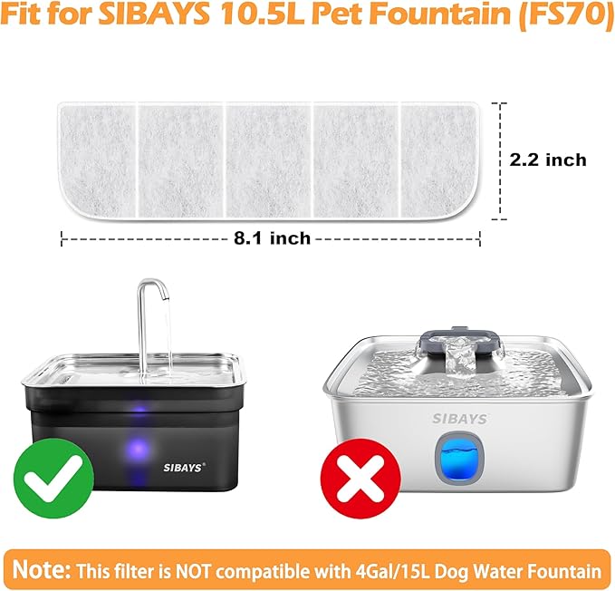 SIBAYS 8 Pack Dog Water Fountain Filters Replacement for SIBAYS 355oz/2.8Gal/10.5L Large Dog Water Fountain(FS70), Made of Activated Carbon and PP Cotton, Food Grade Water Fountain Filters(Model: L07)