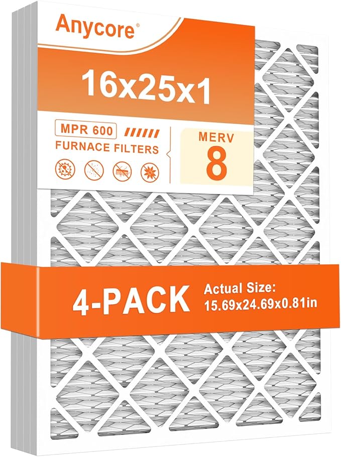 16x25x1 Furnace Air Filter 4-Pack MERV 8 MPR 600 FPR 5 HVAC AC Pleated Filters for Home (Actual Size:15.69x24.69x0.81 inches)