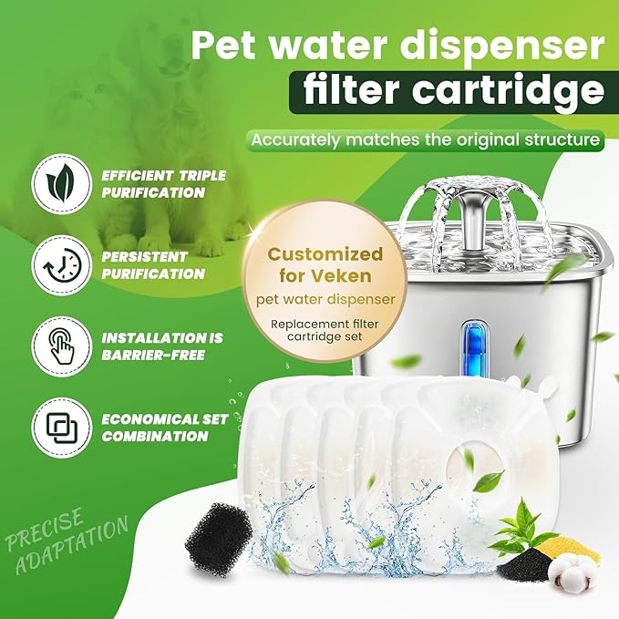 Cat Water Fountain Filters Replacement 16PCS Set, 8 Pack Cat Fountain Filters with 8 Pack Sponges, Compatible with Veken 95oz/2.8L, 135oz/4L, 67oz/2L Pet Drinking Fountains, Triple Filtration System