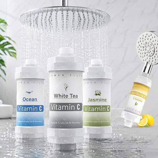 4PCS Vitamin C Shower Filter for Hard Water Filter Shower Aromatherapy Bathroom Accessories Fixed Handheld Showerheads Bathtub Faucet Remove Chlorine Fluoride Heavy Metals Lemon Jasmine Lavender Ocean